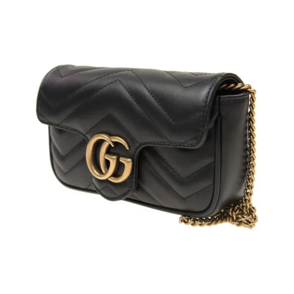 GUCCI Gucci GG Marmont Gold Retro Double G Logo with Keychain V-shaped Spinning Seam Leather Shoulder Bag Crossbody Bag Super Mini Women's Black - 图片 2