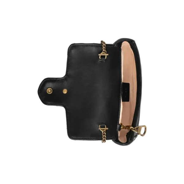 GUCCI Gucci GG Marmont Gold Retro Double G Logo with Keychain V-shaped Spinning Seam Leather Shoulder Bag Crossbody Bag Super Mini Women's Black - 图片 4