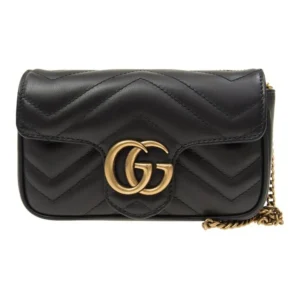 GUCCI Gucci GG Marmont Gold Retro Double G Logo with Keychain V-shaped Spinning Seam Leather Shoulder Bag Crossbody Bag Super Mini Women's Black