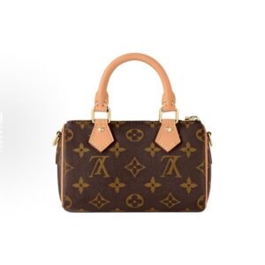LOUIS VUITTON Speedy Nano Classic Reading Flower Detachable Adjustable Shoulder Straps, Canvas Coated Patchwork Leather Trim, Pillow Bag, Crossbody Tote Bag, Mini Women, Brown