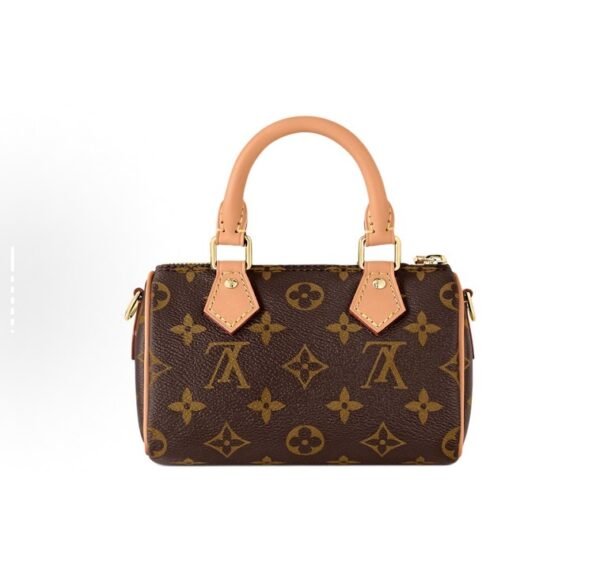 LOUIS VUITTON Speedy Nano Classic Reading Flower Detachable Adjustable Shoulder Straps, Canvas Coated Patchwork Leather Trim, Pillow Bag, Crossbody Tote Bag, Mini Women, Brown