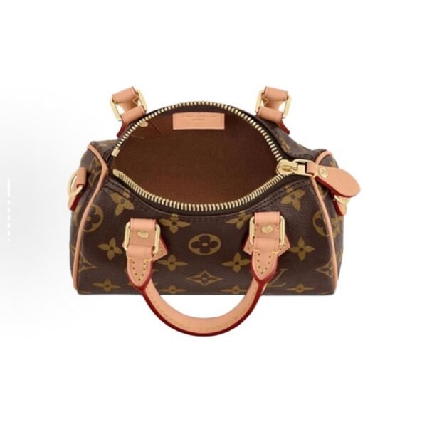 LOUIS VUITTON Speedy Nano Classic Reading Flower Detachable Adjustable Shoulder Straps, Canvas Coated Patchwork Leather Trim, Pillow Bag, Crossbody Tote Bag, Mini Women, Brown - 图片 5
